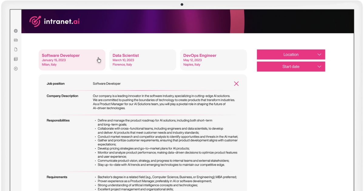 Job posting area in the SharePoint intranet by intranet.ai