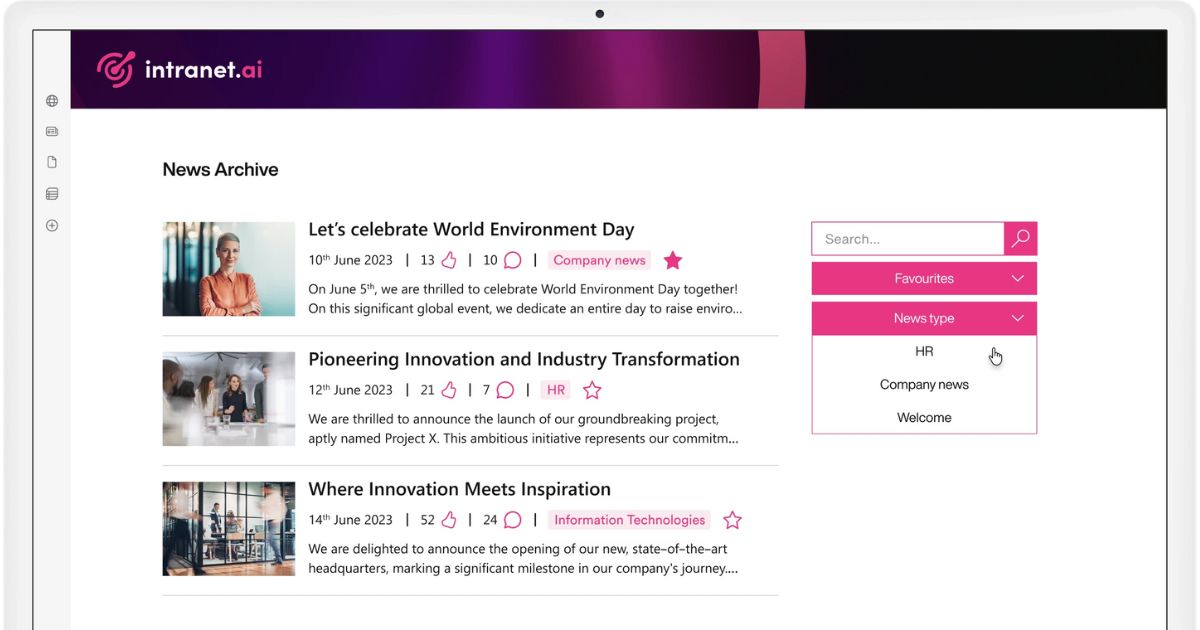 Interactions with the SharePoint intranet news from intranet.ai