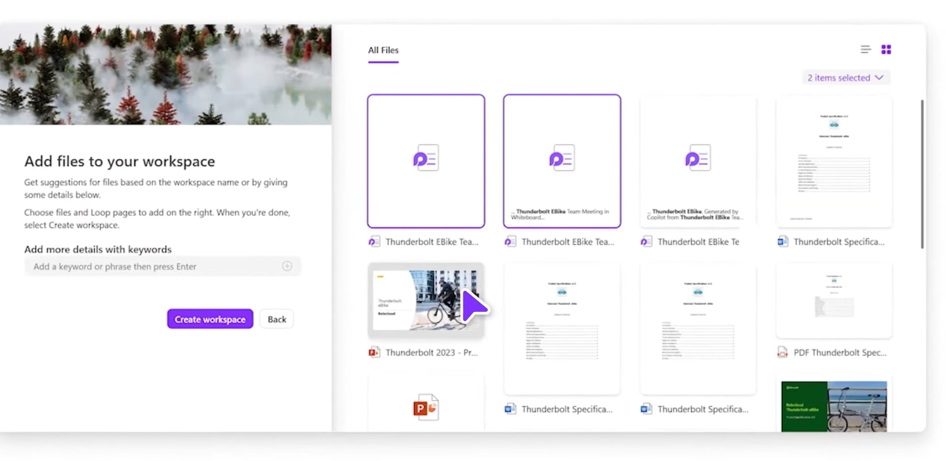 Creating a new workspace in Loop with Copilot's suggestions