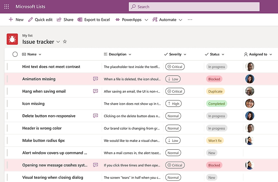 Example of a list created with Microsoft Lists