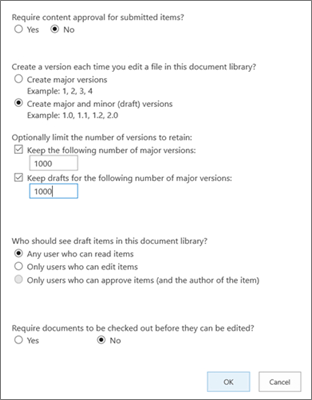 Configurations for versioning a SharePoint library