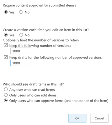 Configurations for versioning a SharePoint list