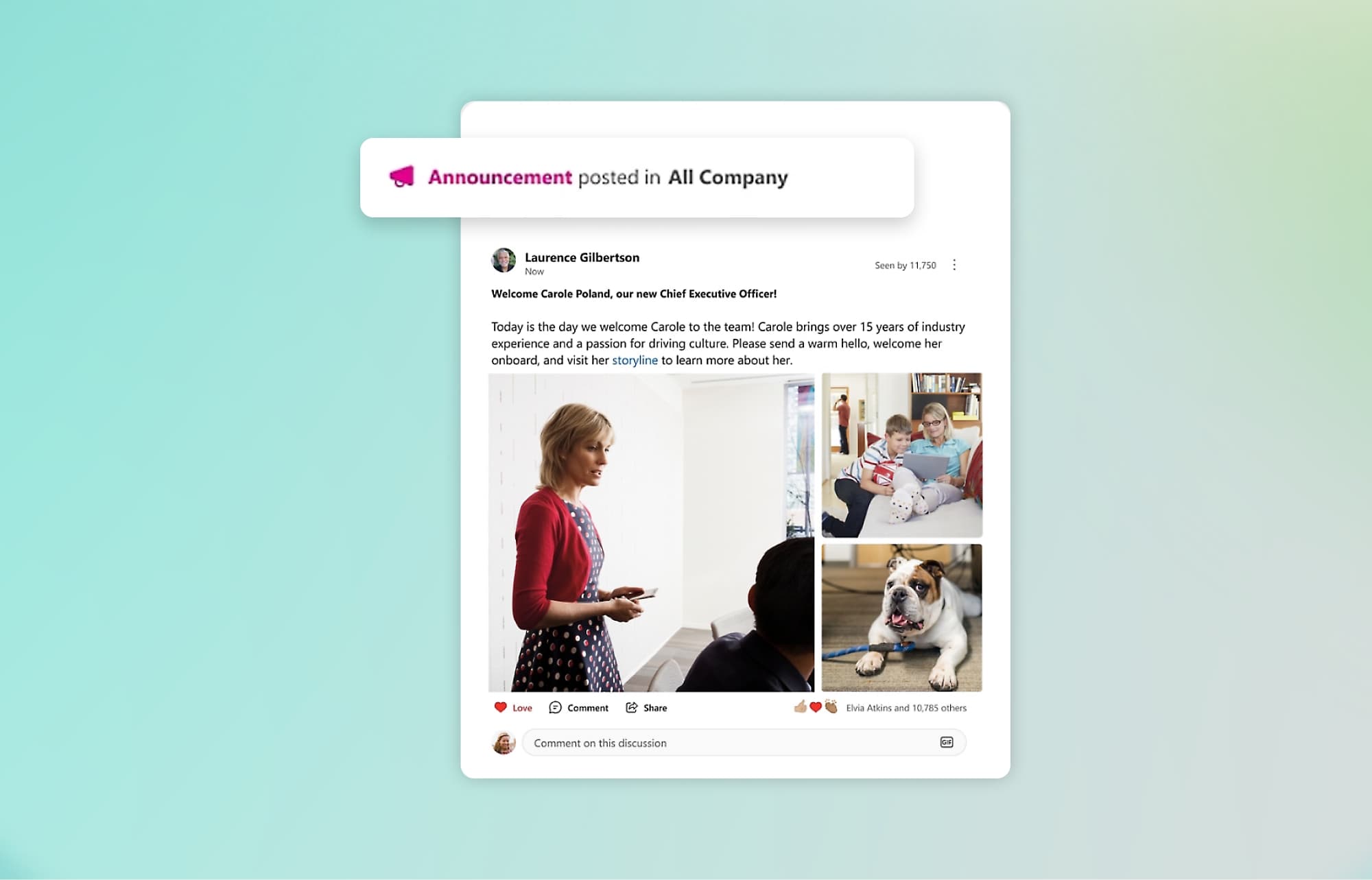 Posting announcements visible to the entire company audience in Viva Engage