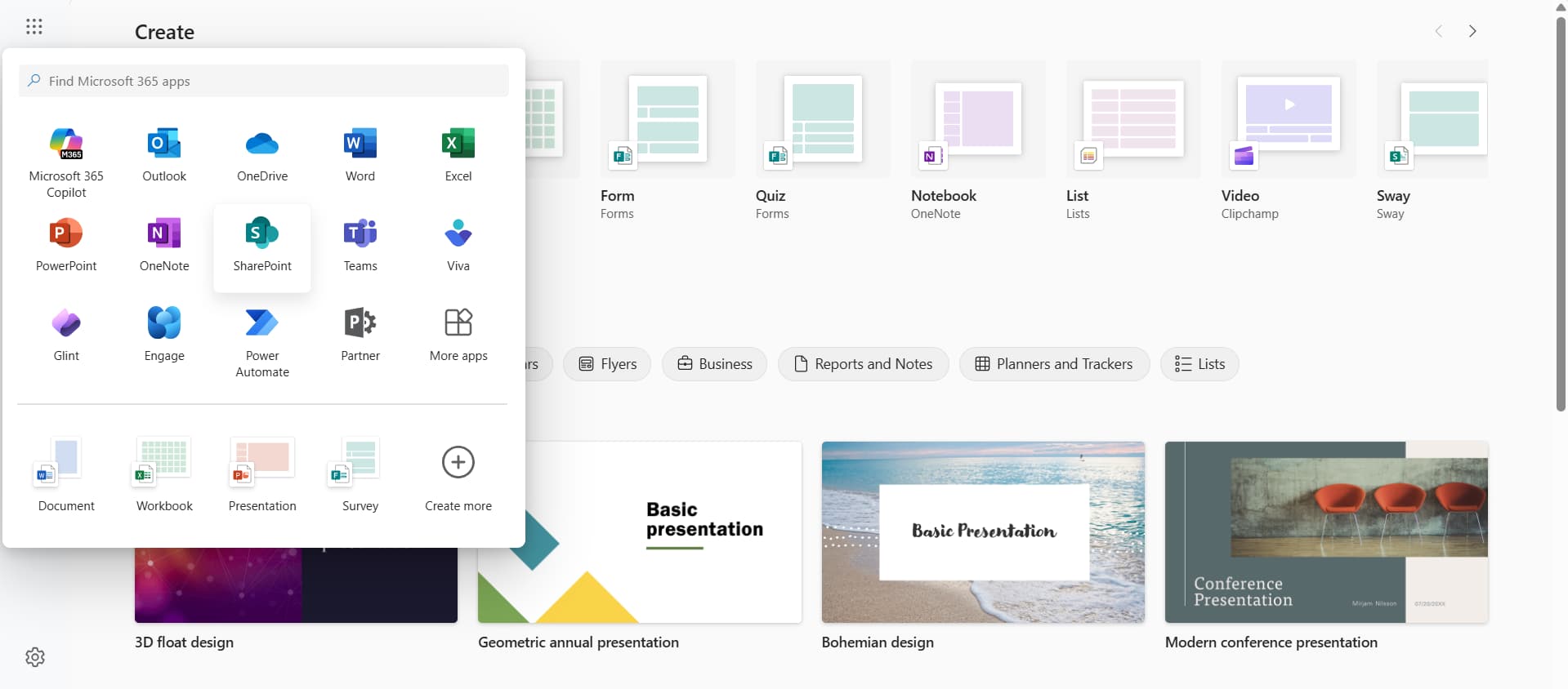 Select SharePoint from the app launcher in Microsoft 365